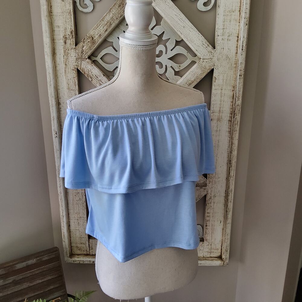 Blue Blush Off Shoulder Ruffle Crop Top Blue Relaxed Fit Large Casual Cottage